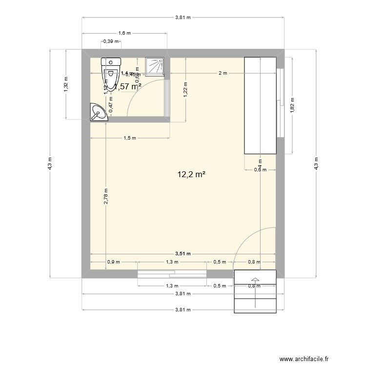 Chambre Doha bis bis. Plan de 2 pièces et 14 m2