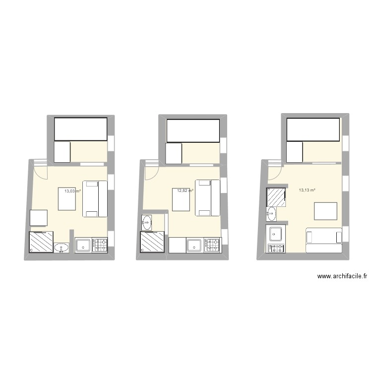 STUDIO 13,5 m². Plan de 3 pièces et 39 m2