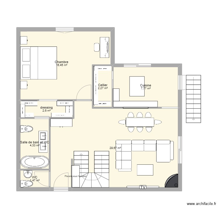 RDC . Plan de 7 pièces et 65 m2