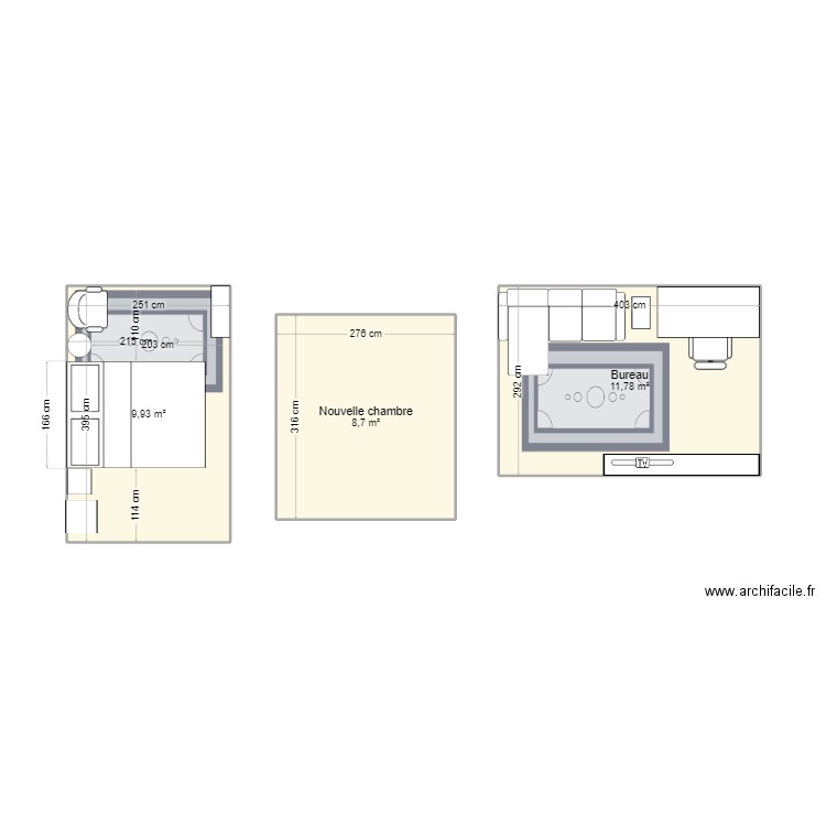 Maison / Chambre + Bureau. Plan de 3 pièces et 30 m2