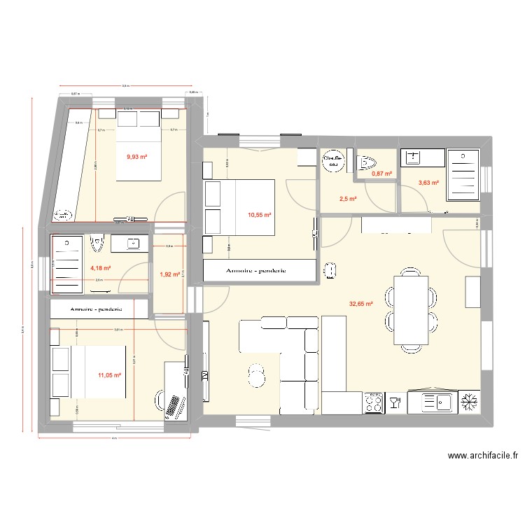 extension 3 chambres 7. Plan de 9 pièces et 77 m2