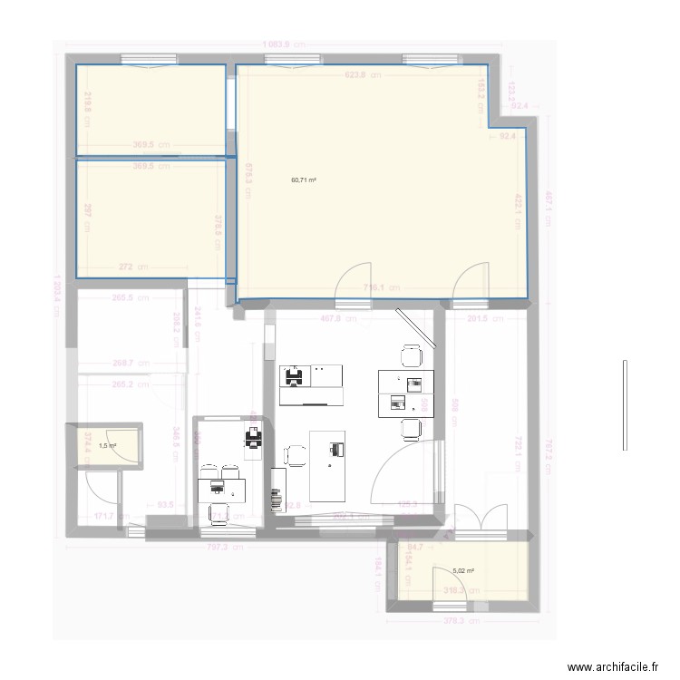 local aménagé. Plan de 3 pièces et 67 m2