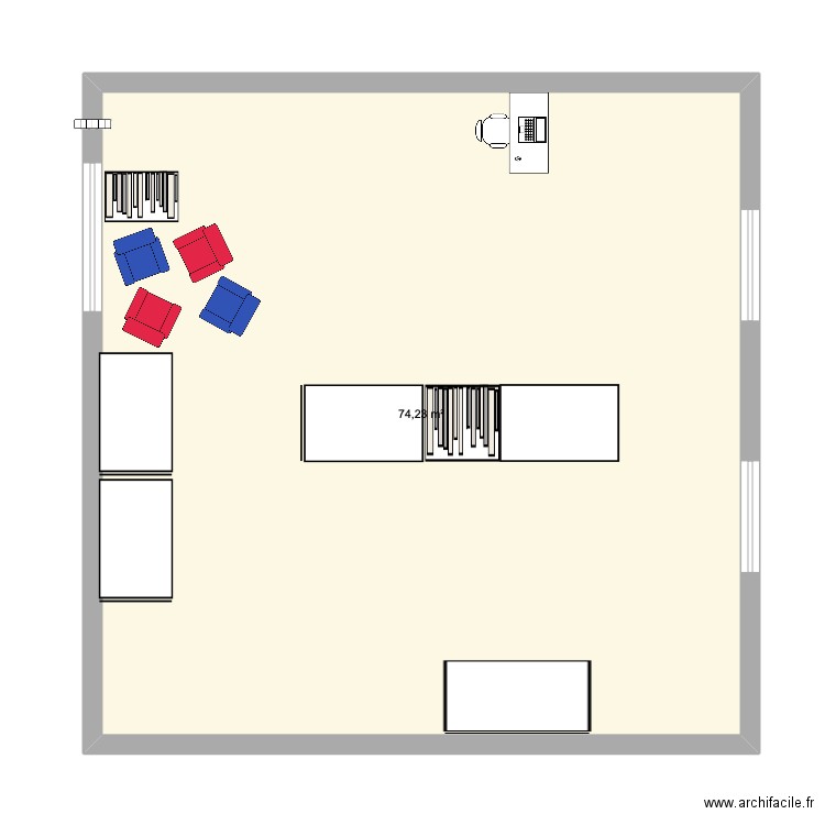 classe. Plan de 1 pièce et 74 m2