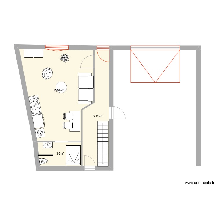 studio. Plan de 3 pièces et 34 m2