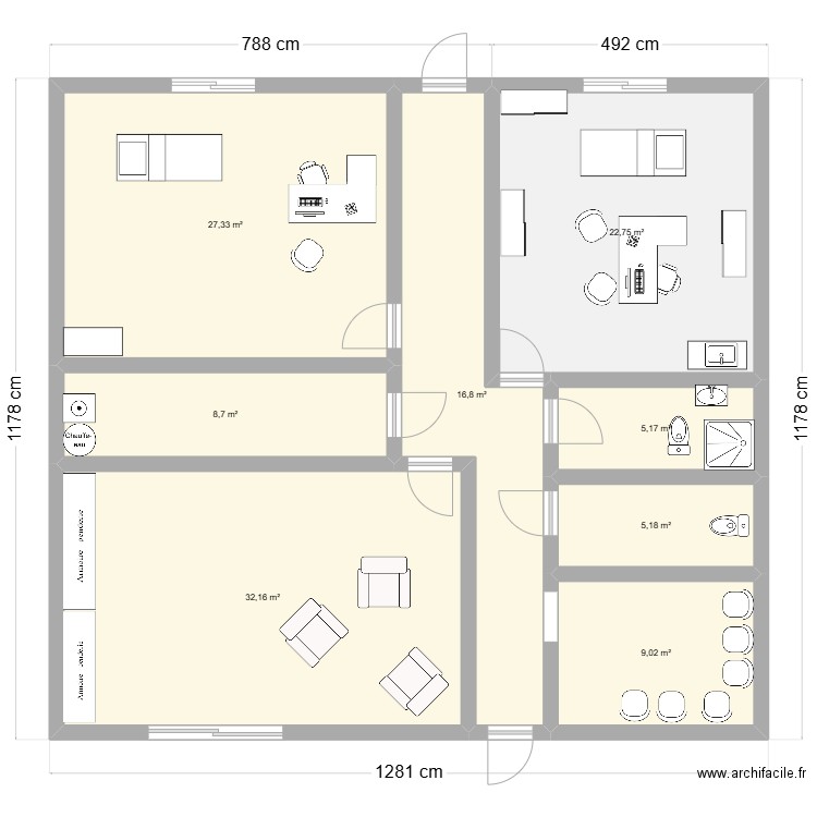 Plan 1 futur salon. Plan de 8 pièces et 127 m2