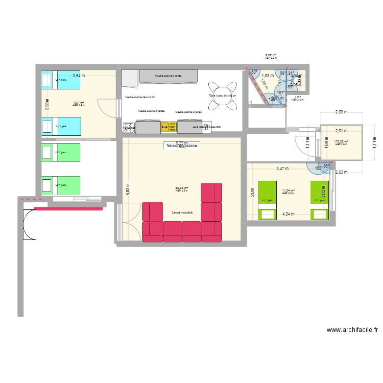 RDC STUDIO MARS. Plan de 6 pièces et 59 m2