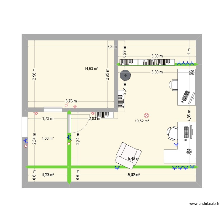 Bureau. Plan de 5 pièces et 42 m2