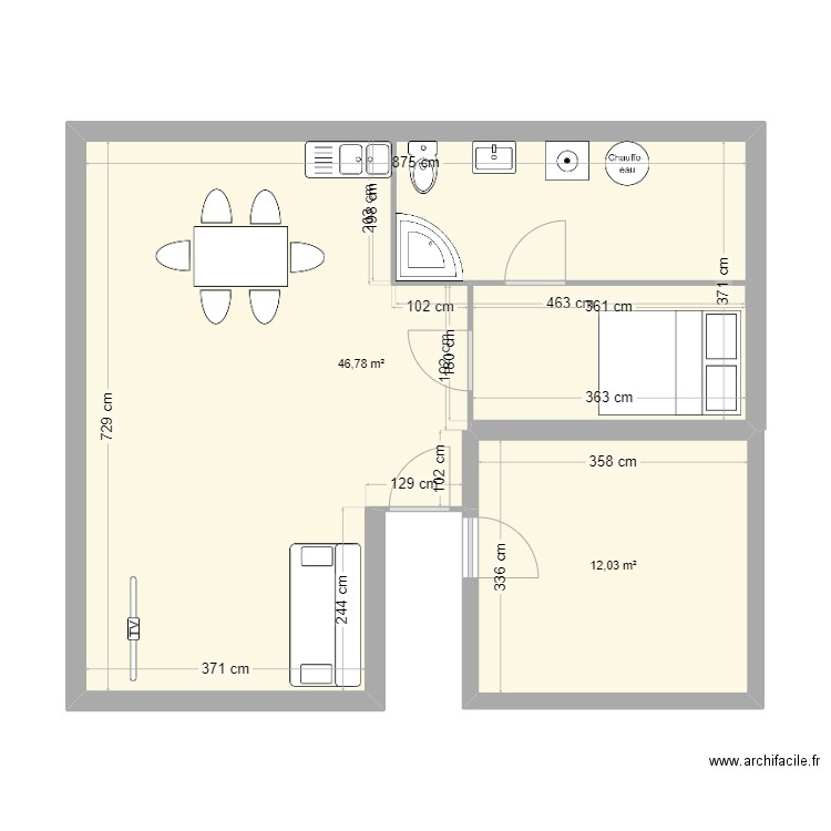 mansardes. Plan de 2 pièces et 59 m2