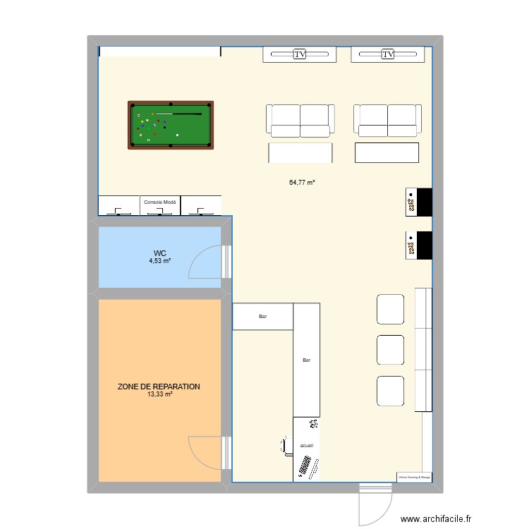 Projet Bar Gamer 1.0. Plan de 3 pièces et 83 m2