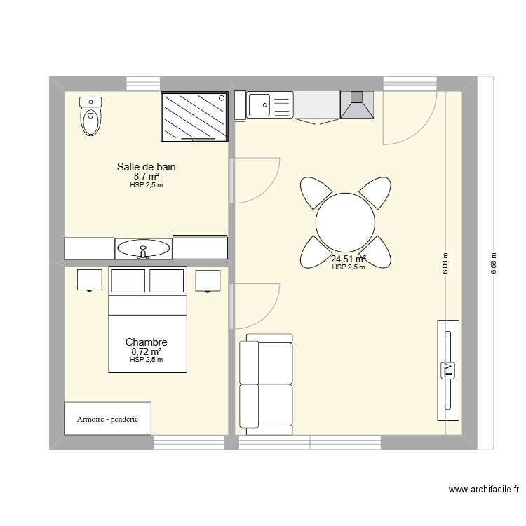 Local avec meubles. Plan de 3 pièces et 42 m2