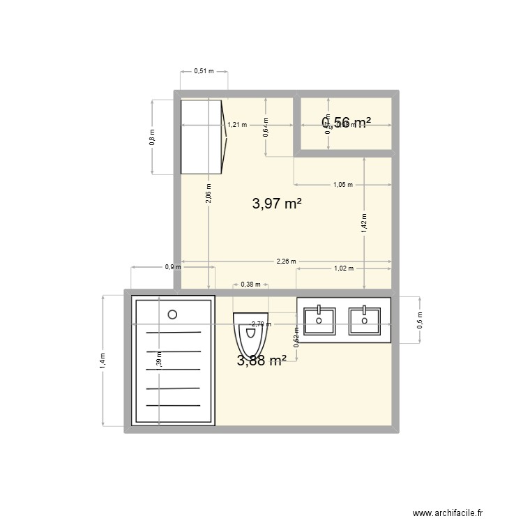 SdB Chambre. Plan de 3 pièces et 8 m2