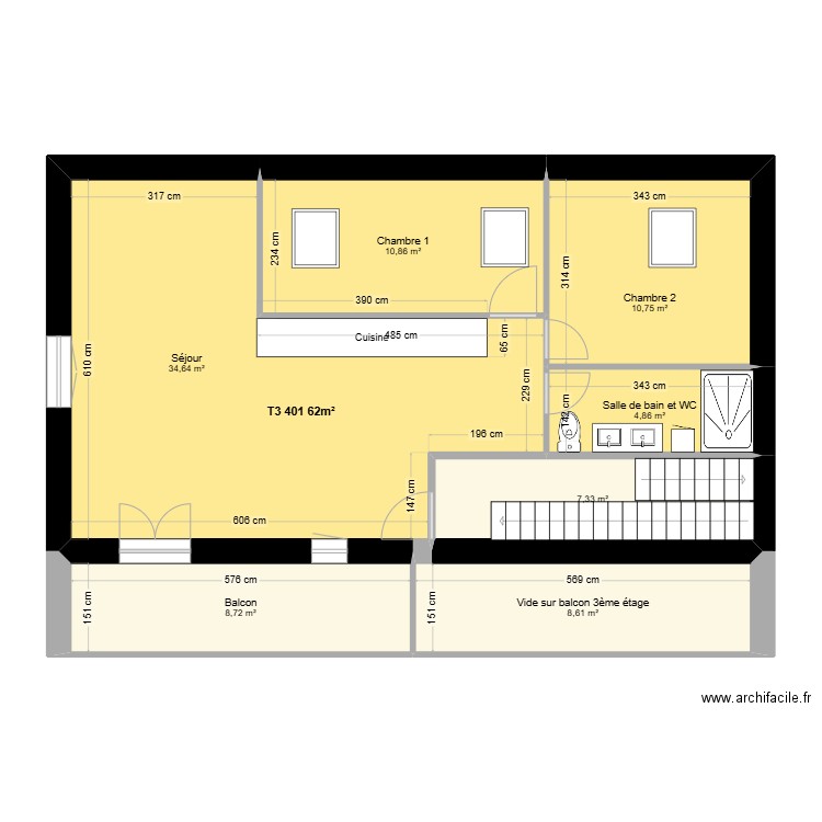 Liberté étage 4. Plan de 7 pièces et 86 m2