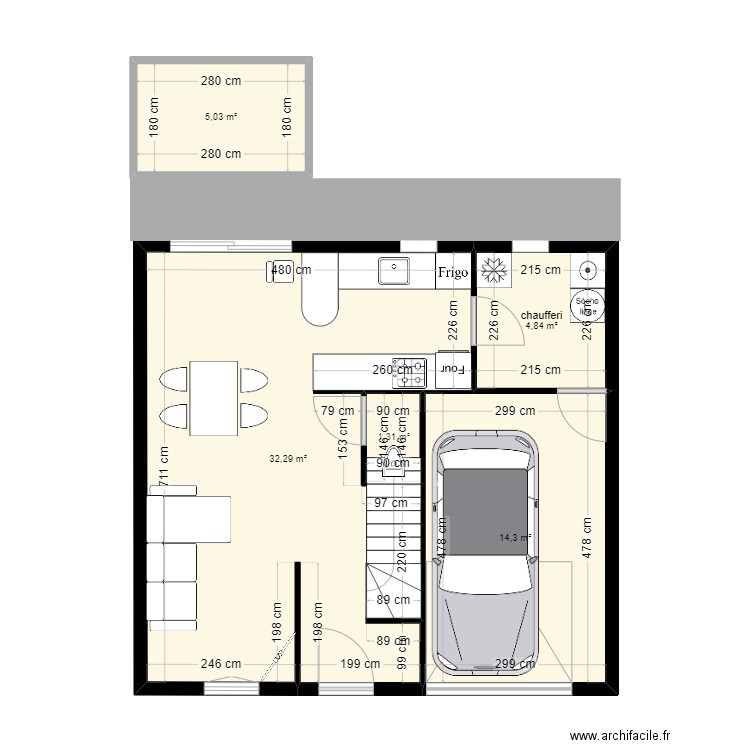 kin. Plan de 5 pièces et 58 m2