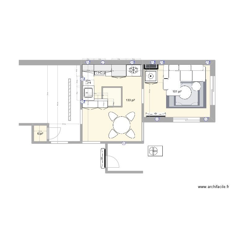 Cuisine milieu version 6-2. Plan de 3 pièces et 22 m2