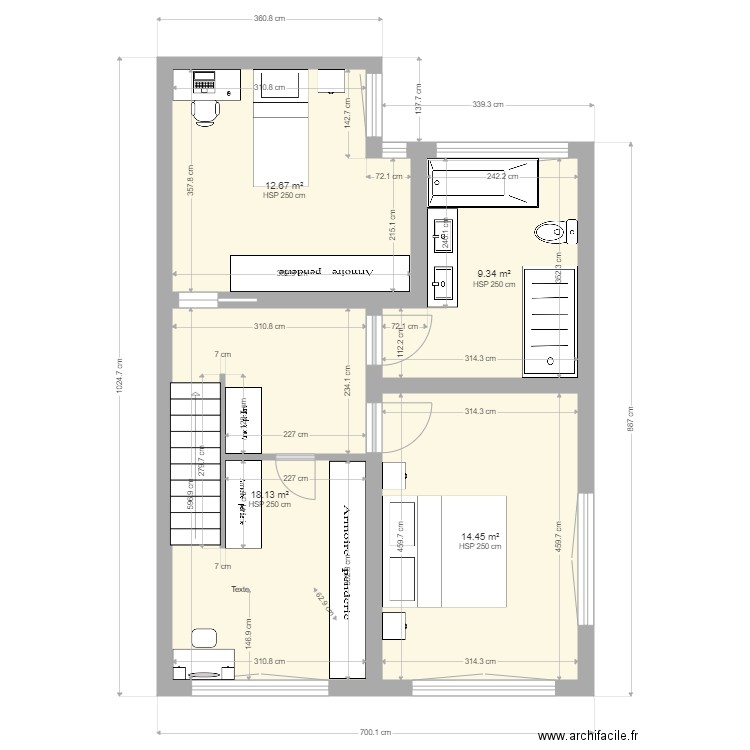Etage sans annexe avec surfaces et cotation salle de bain V2. Plan de 4 pièces et 55 m2