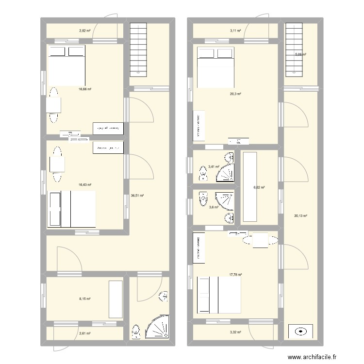 dada. Plan de 15 pièces et 167 m2