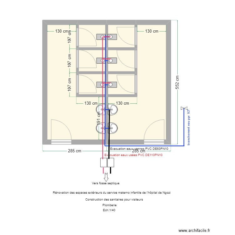 toilettes visiteurs plomberie. Plan de 8 pièces et 25 m2