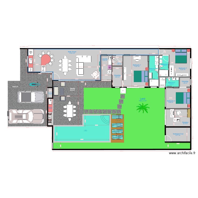 Maison Thaillande1. Plan de 16 pièces et 265 m2