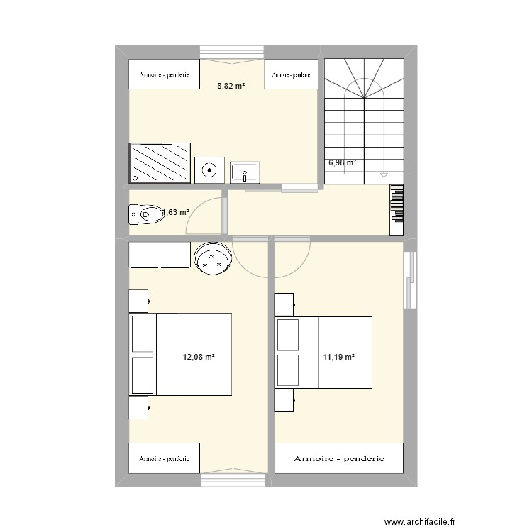 Chambre Appartement 2. Plan de 5 pièces et 41 m2