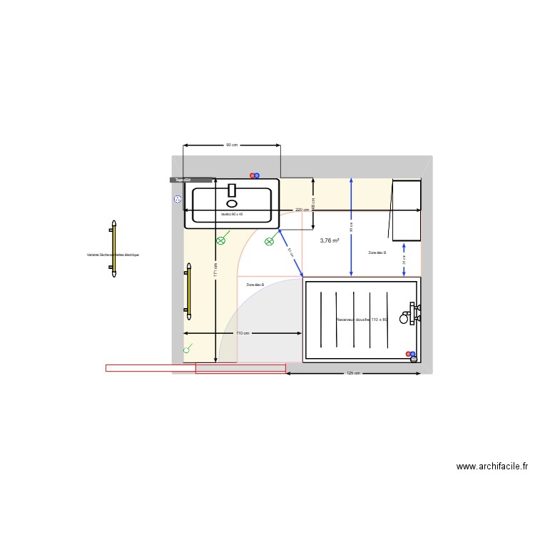 SDB Rossan_V110x80 à droite. Plan de 1 pièce et 4 m2