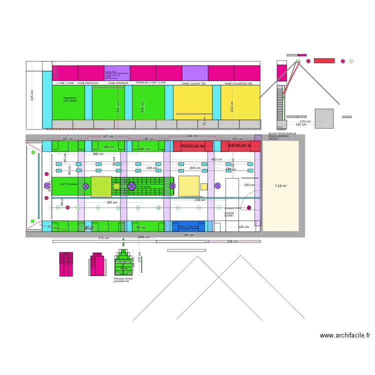 PLAN SUNGLASSES V10 SNG h320 accessoires et eclairage double down. Plan de 1 pièce et 7 m2