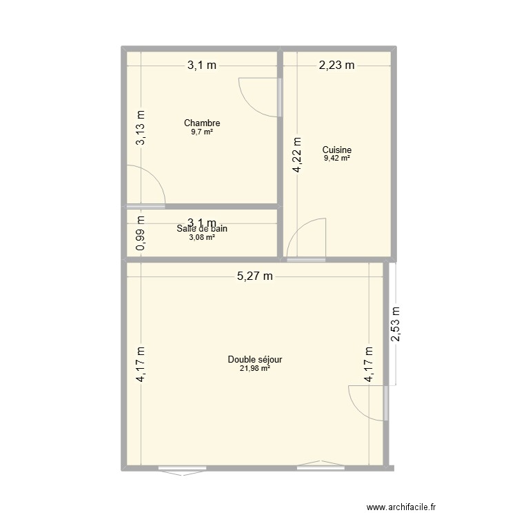 Plan 45 m². Plan de 4 pièces et 44 m2