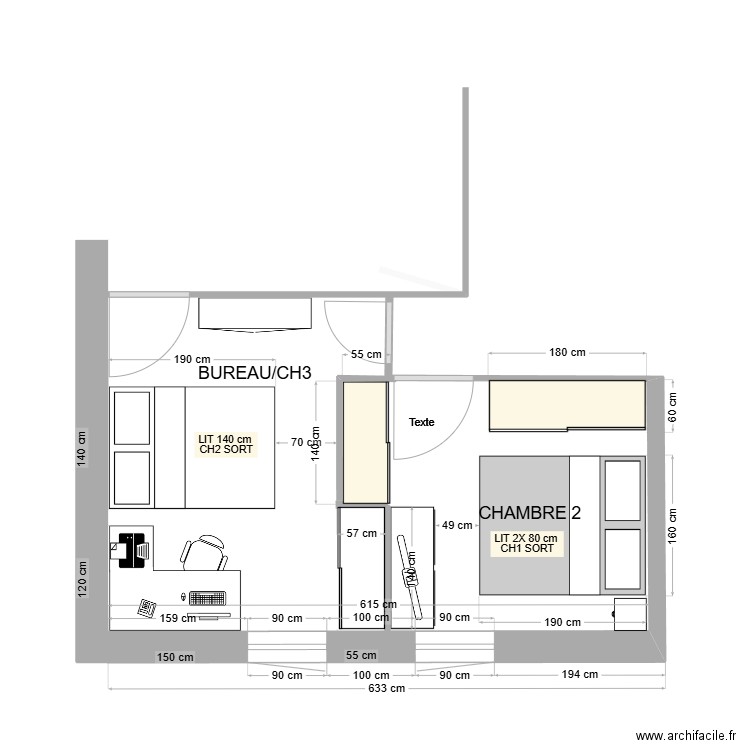 BUREAU en CH2 & CH3 version LIT 140 cm. Plan de 0 pièce et 0 m2
