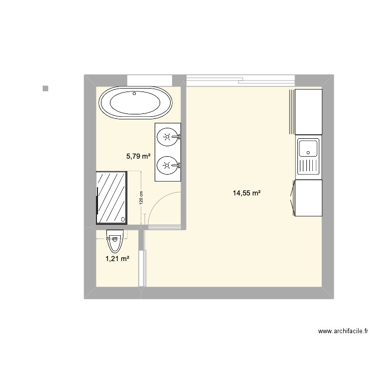 fâches. Plan de 3 pièces et 22 m2