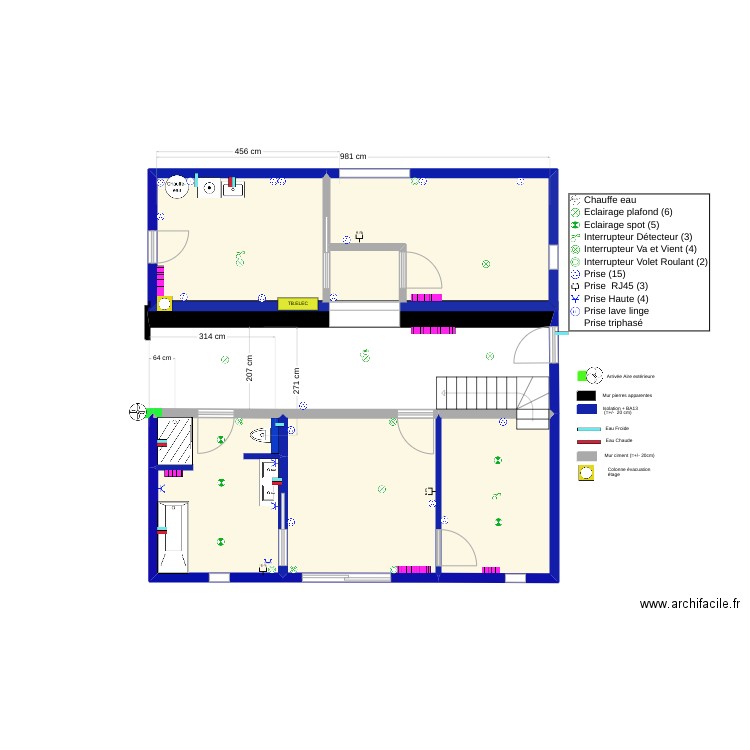 RDC_impl_Elec_Plomberie. Plan de 4 pièces et 66 m2