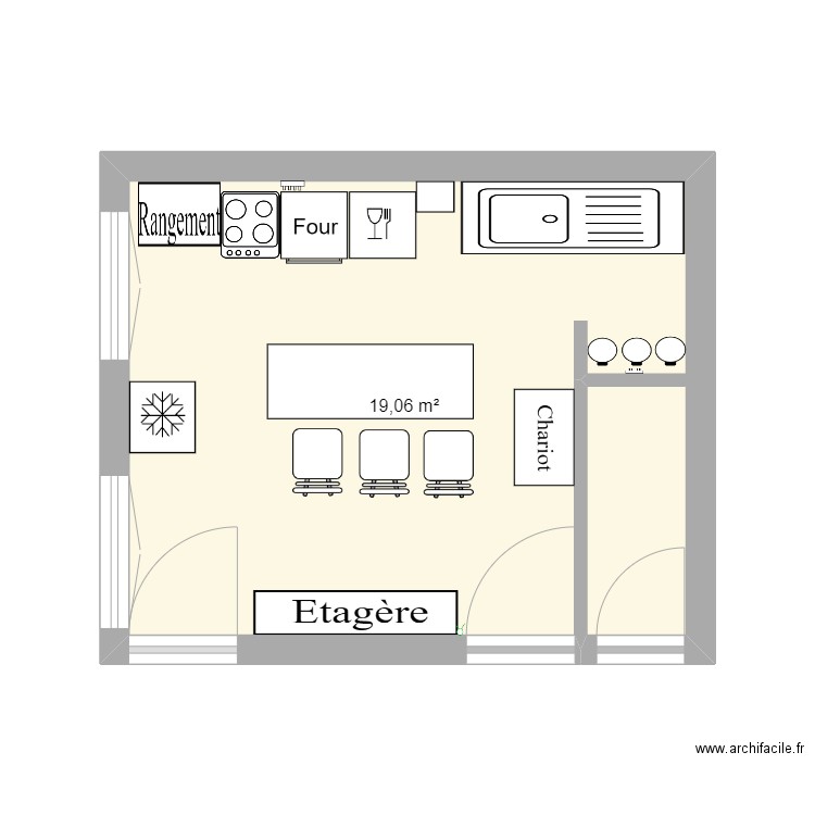 Cuisine gîte. Plan de 1 pièce et 19 m2