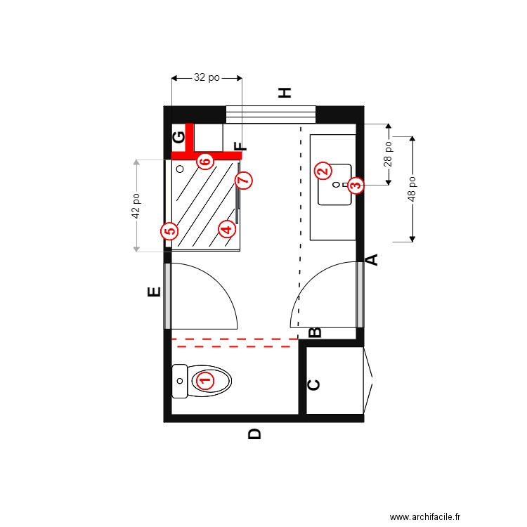 Collard sdb Plomberie. Plan de 1 pièce et 7 m2