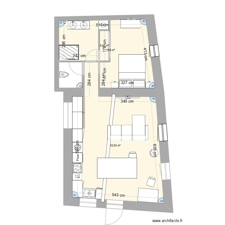 crick. Plan de 3 pièces et 52 m2