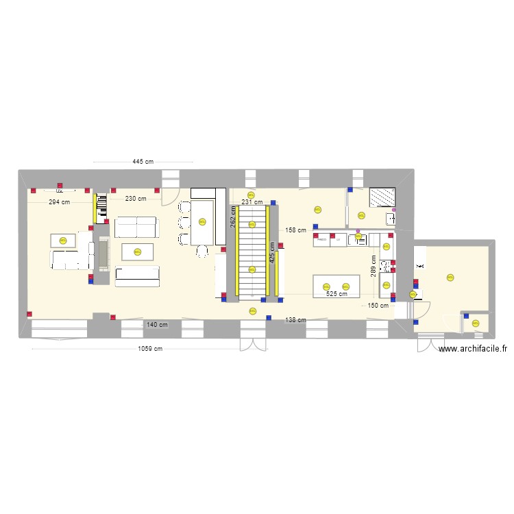 Rdc couleur 191224 avec utilités. Plan de 3 pièces et 110 m2