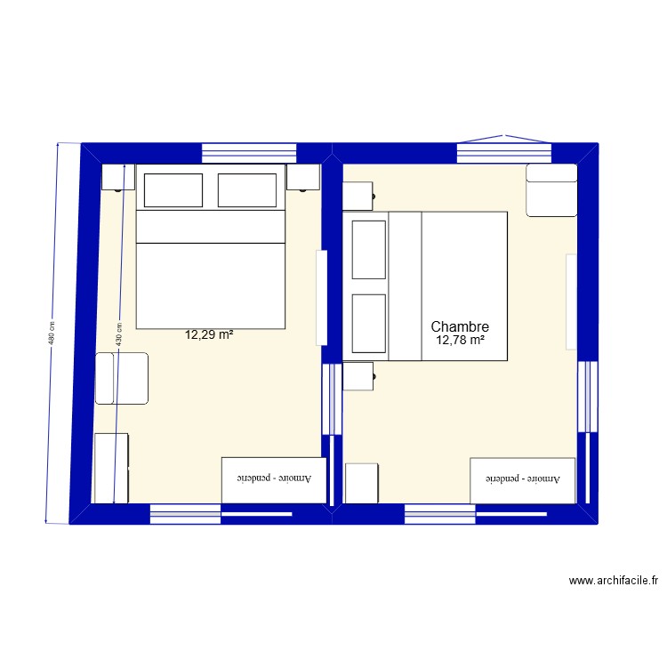 chambre parentale. Plan de 2 pièces et 25 m2