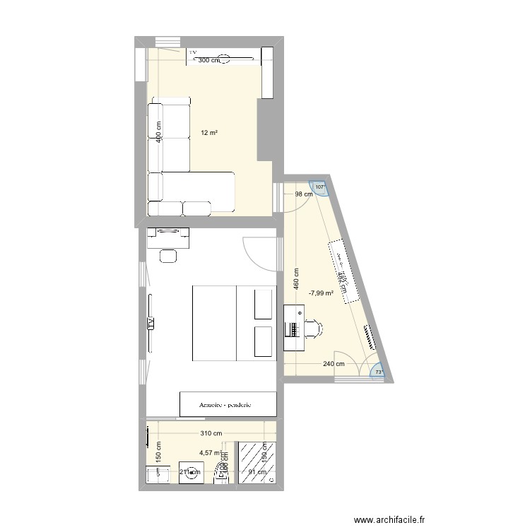 Studio 4. Plan de 3 pièces et 24 m2