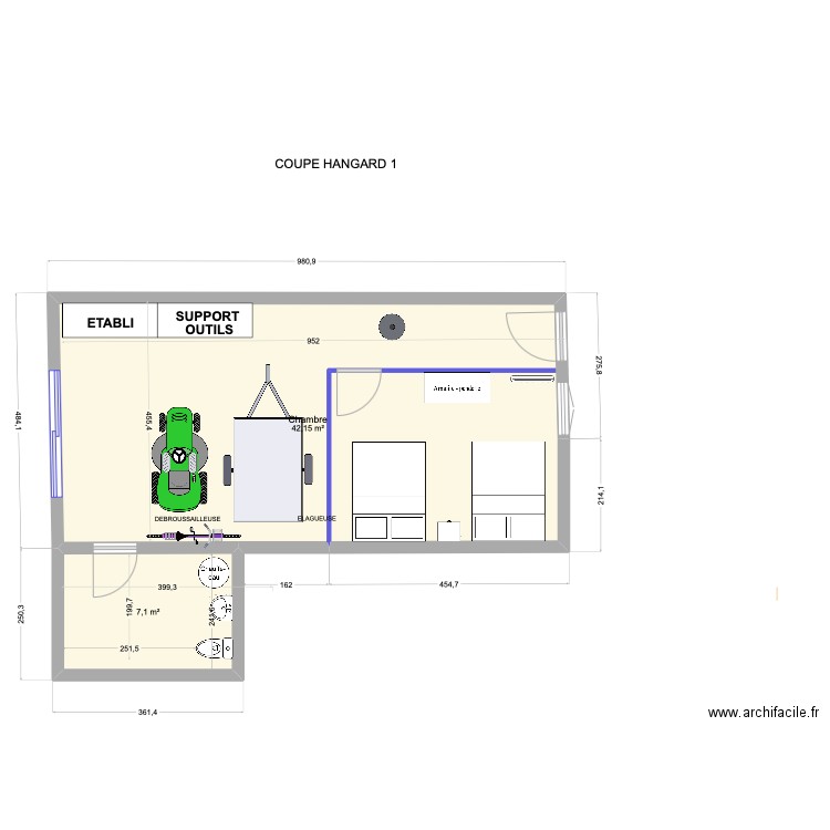 COUPE HANGARD 9. Plan de 2 pièces et 49 m2