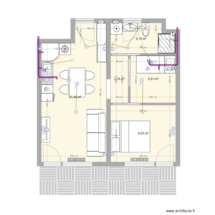 Veyso final. Plan de 5 pièces et 43 m2