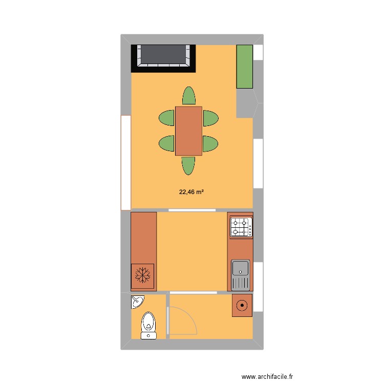 RDC cuisine Casa Aqui version 1. Plan de 1 pièce et 22 m2