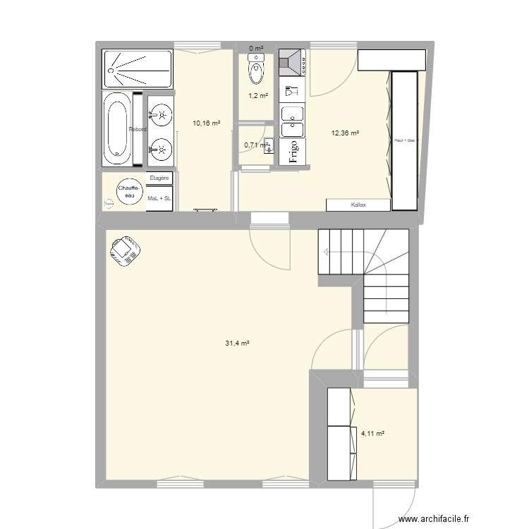 RDC. Plan de 7 pièces et 60 m2