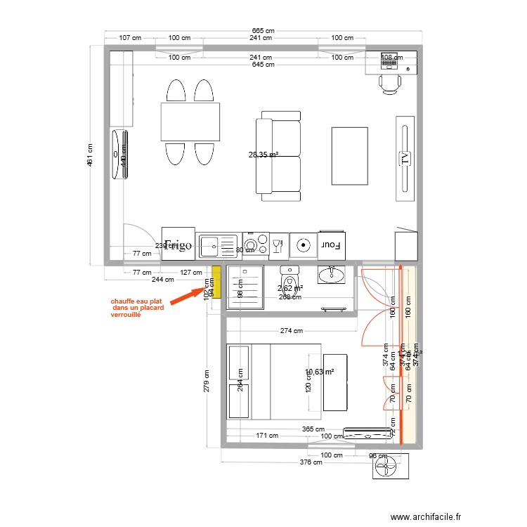 Thuillat T2 1er Projet Chauff V0. Plan de 4 pièces et 43 m2