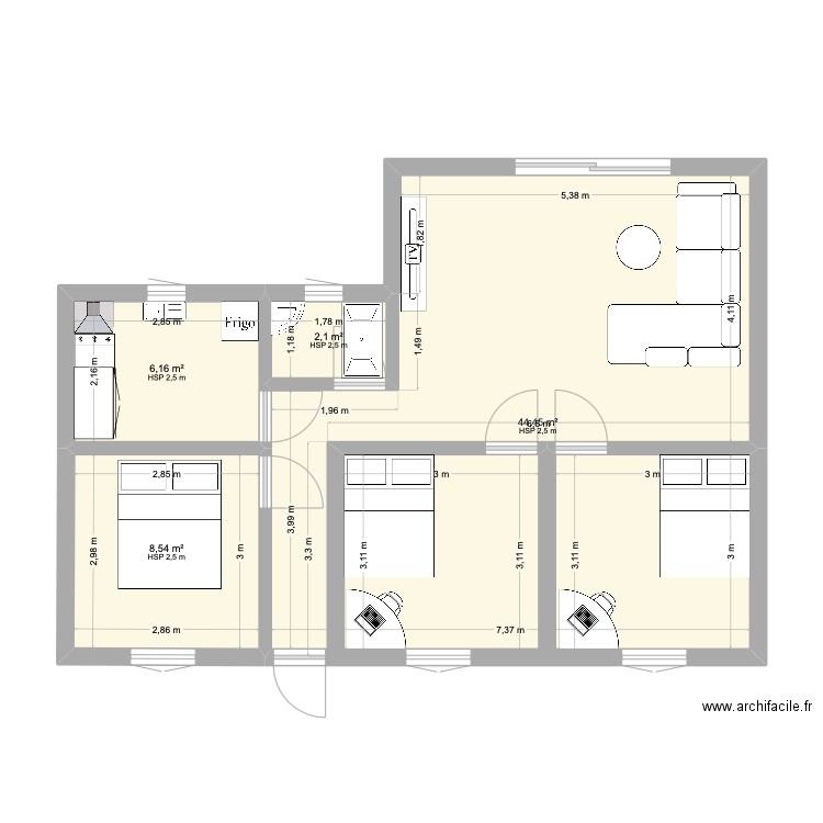 plan p1. Plan de 4 pièces et 61 m2