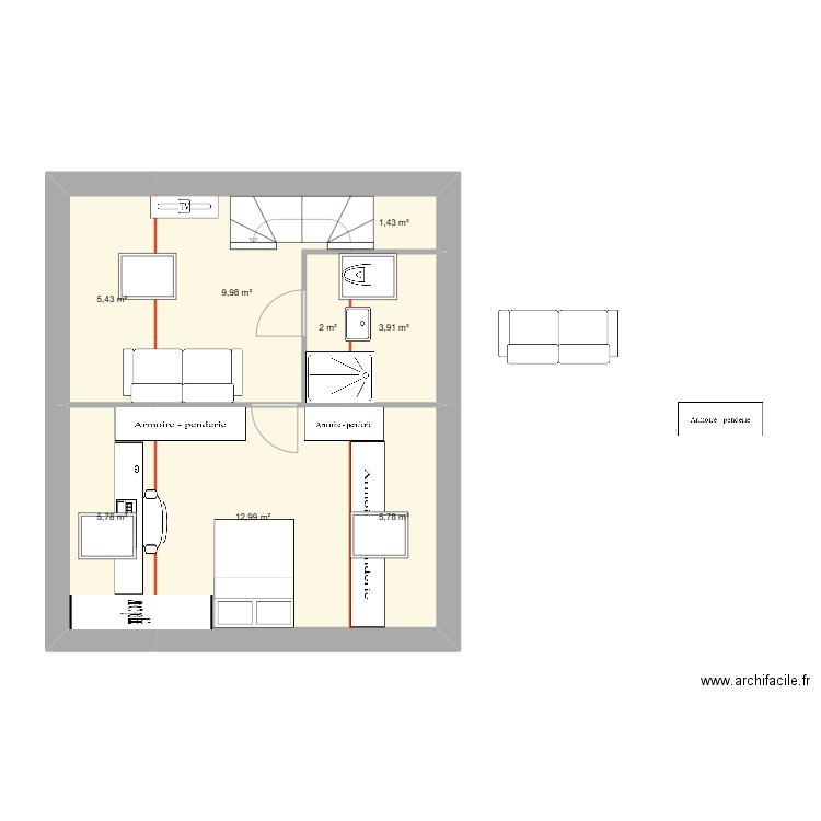 comble ss sdb. Plan de 8 pièces et 47 m2