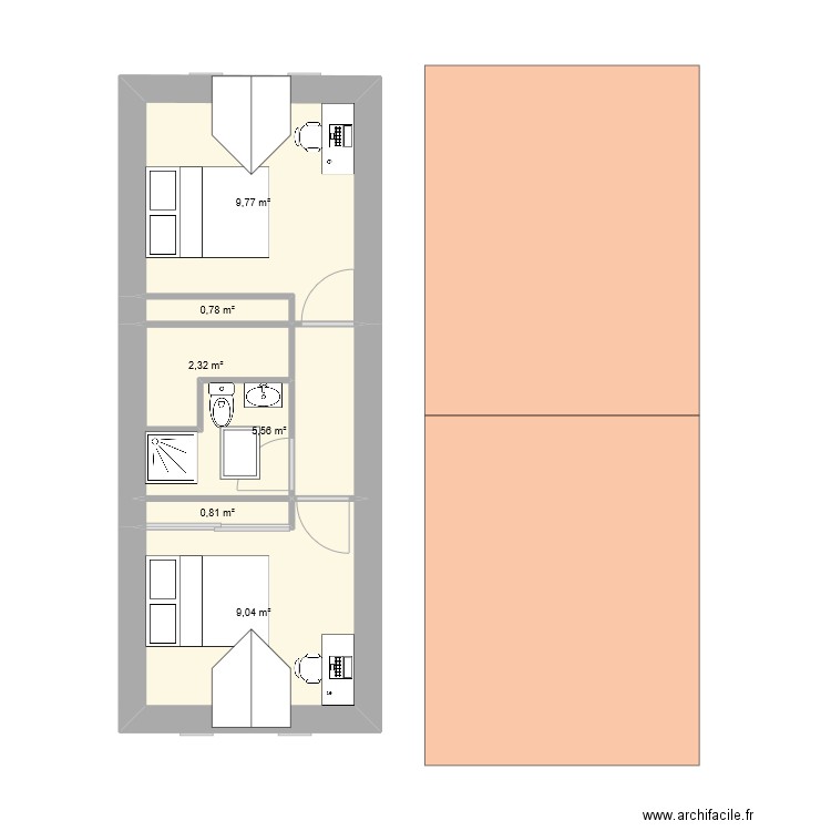 extension avec etage et sous sol. Plan de 9 pièces et 57 m2