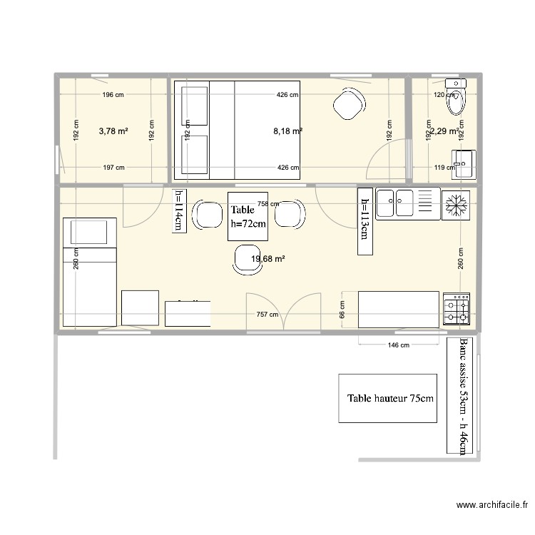 Version Saskia. Plan de 4 pièces et 34 m2