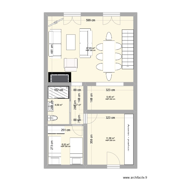 rdc salles. Plan de 6 pièces et 58 m2