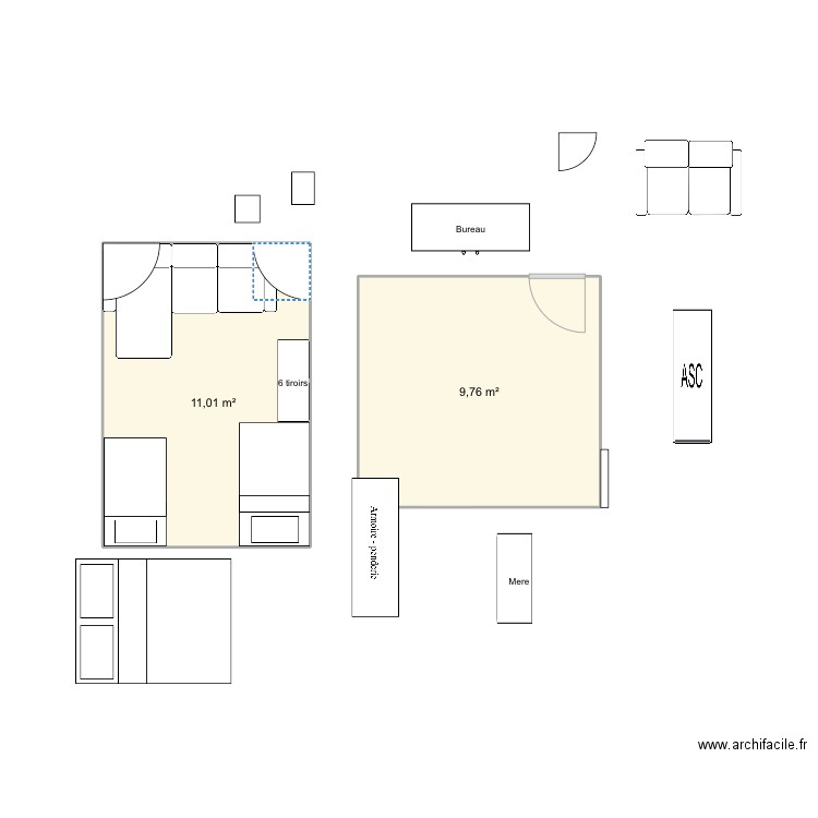 Chambre. Plan de 2 pièces et 21 m2