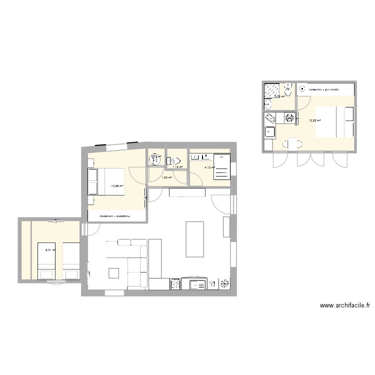 maison + studio. Plan de 8 pièces et 44 m2