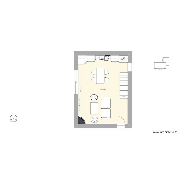 gîte pièce de vie escalier droit. Plan de 1 pièce et 35 m2