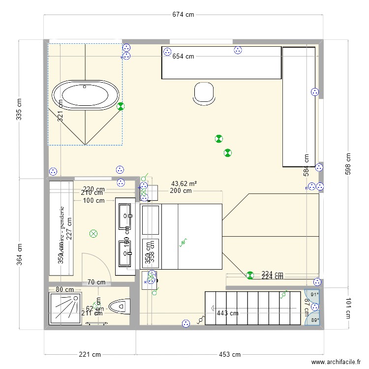 Etage Poussin Carantec 4 wc douche porte option alex. Plan de 1 pièce et 44 m2