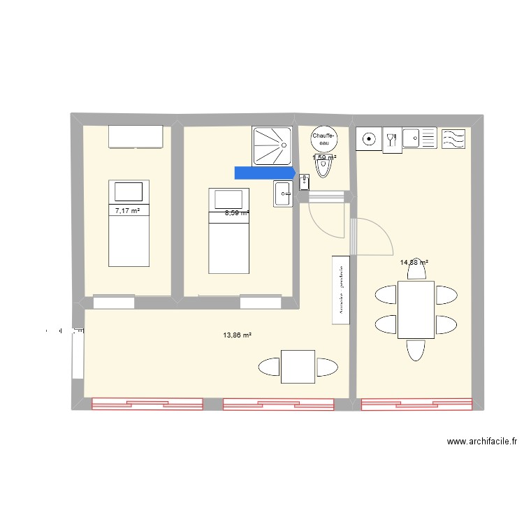 agrandissement salon Esthètique. Plan de 5 pièces et 46 m2